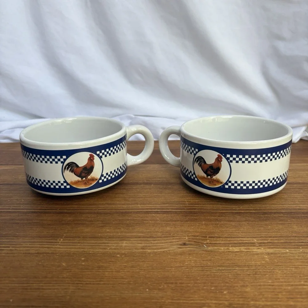 Houston Harvest Rooster Soup Mugs Set of 2 Ceramic Chicken Chili Bowls Farmhouse